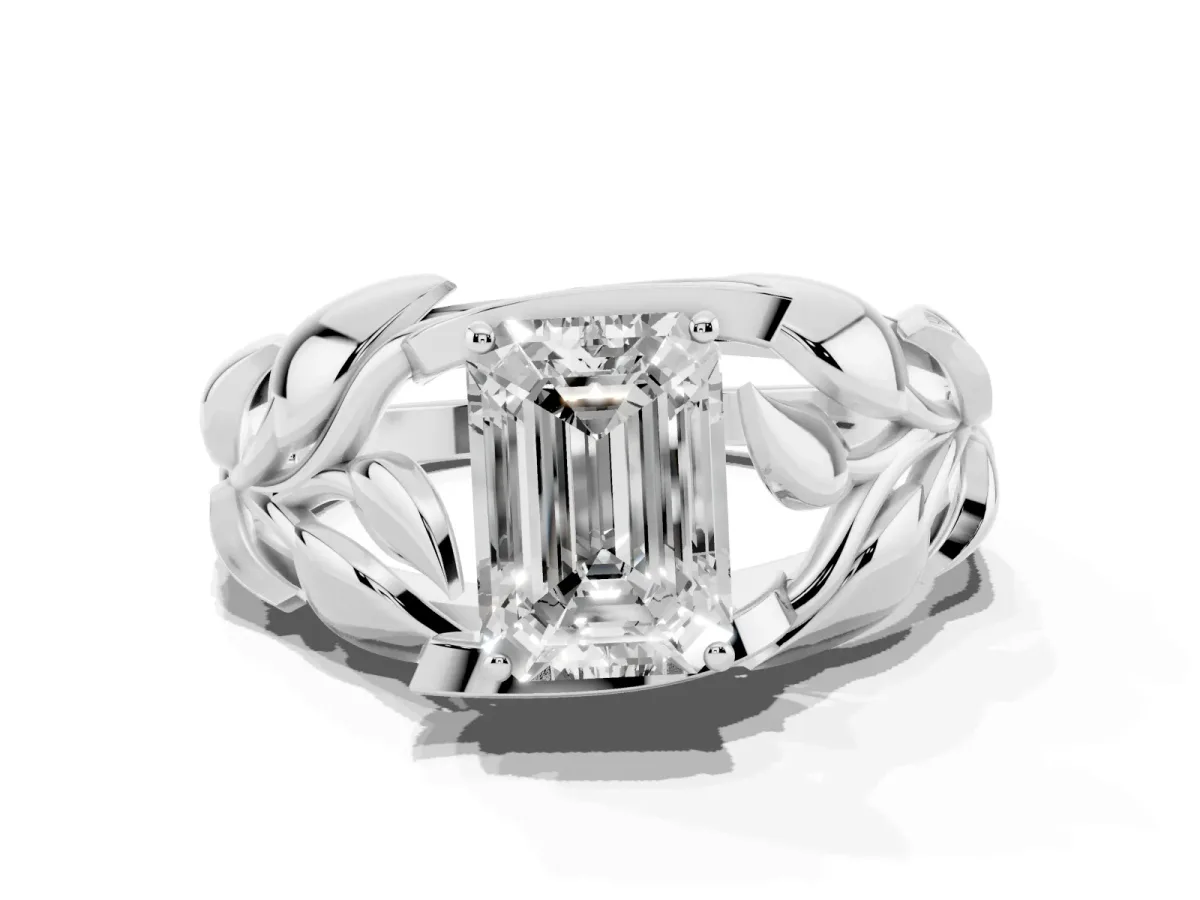 Emerald Cut Diamond Leaf-Inspired Engagement Ring with Round Accents and Prong Setting Silver