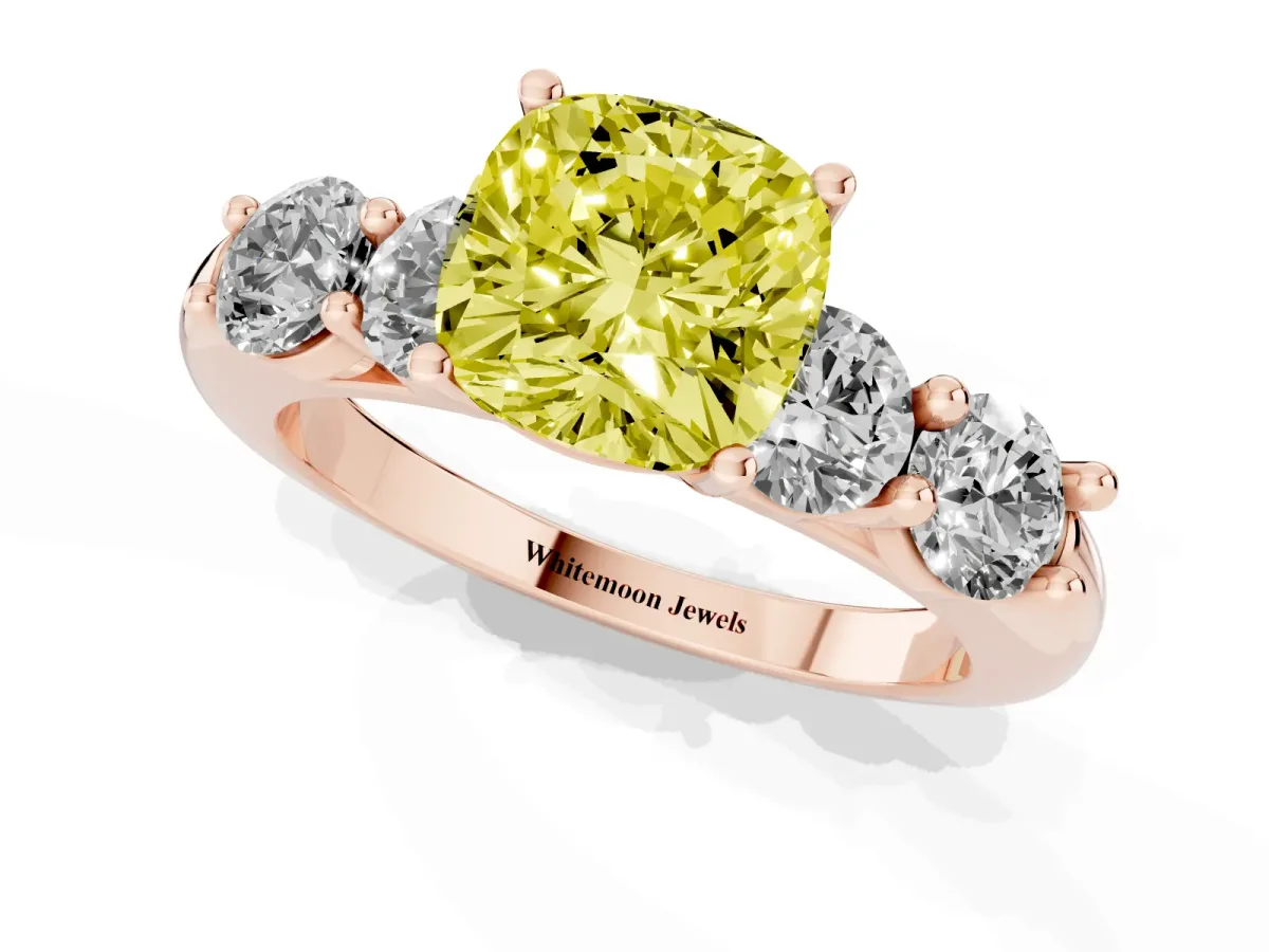 Fancy Yellow Cushion Cut Cut Five-Stone Prong Set Diamond Ring with Classic Band Rose gold