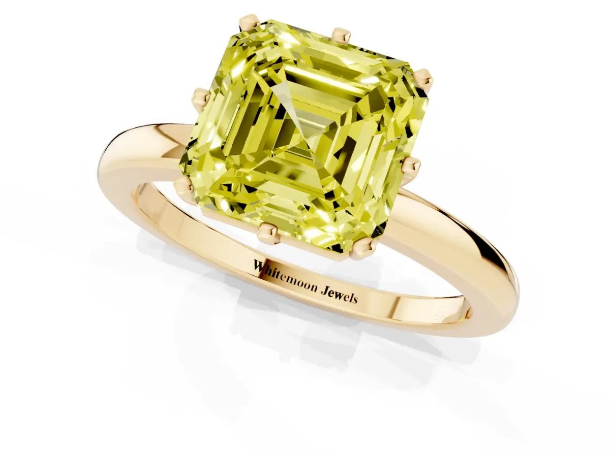 Fancy Yellow Asscher Cut Solitaire Diamond Ring with Six-Prong Setting on a Classic Band Yellow gold