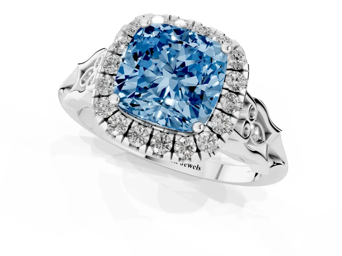 Fancy Blue Cushion Cut Halo Diamond Engagement Ring with Filigree Band and Four-Prong Setting Platinum