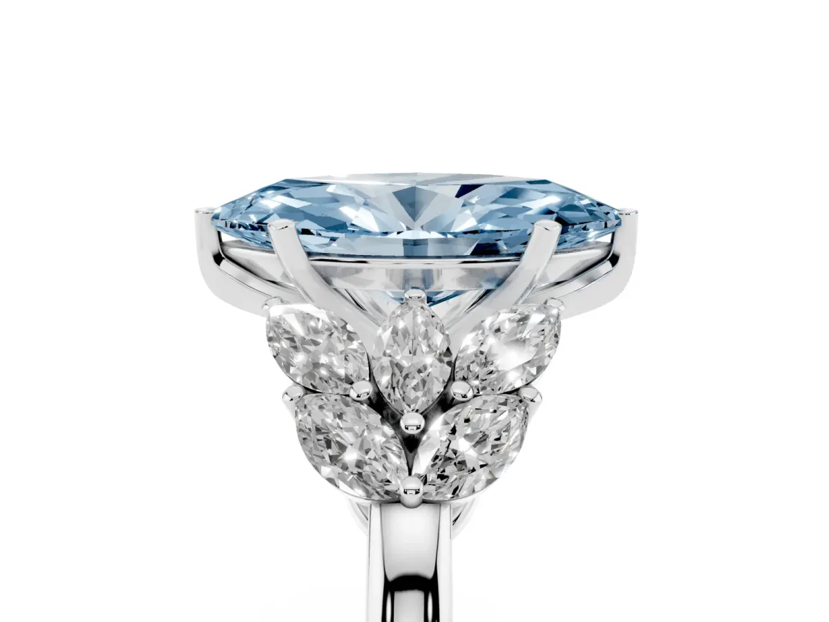 Fancy Blue Marquise Cut Diamond Cluster Leaf Design Ring with Prong Setting Silver