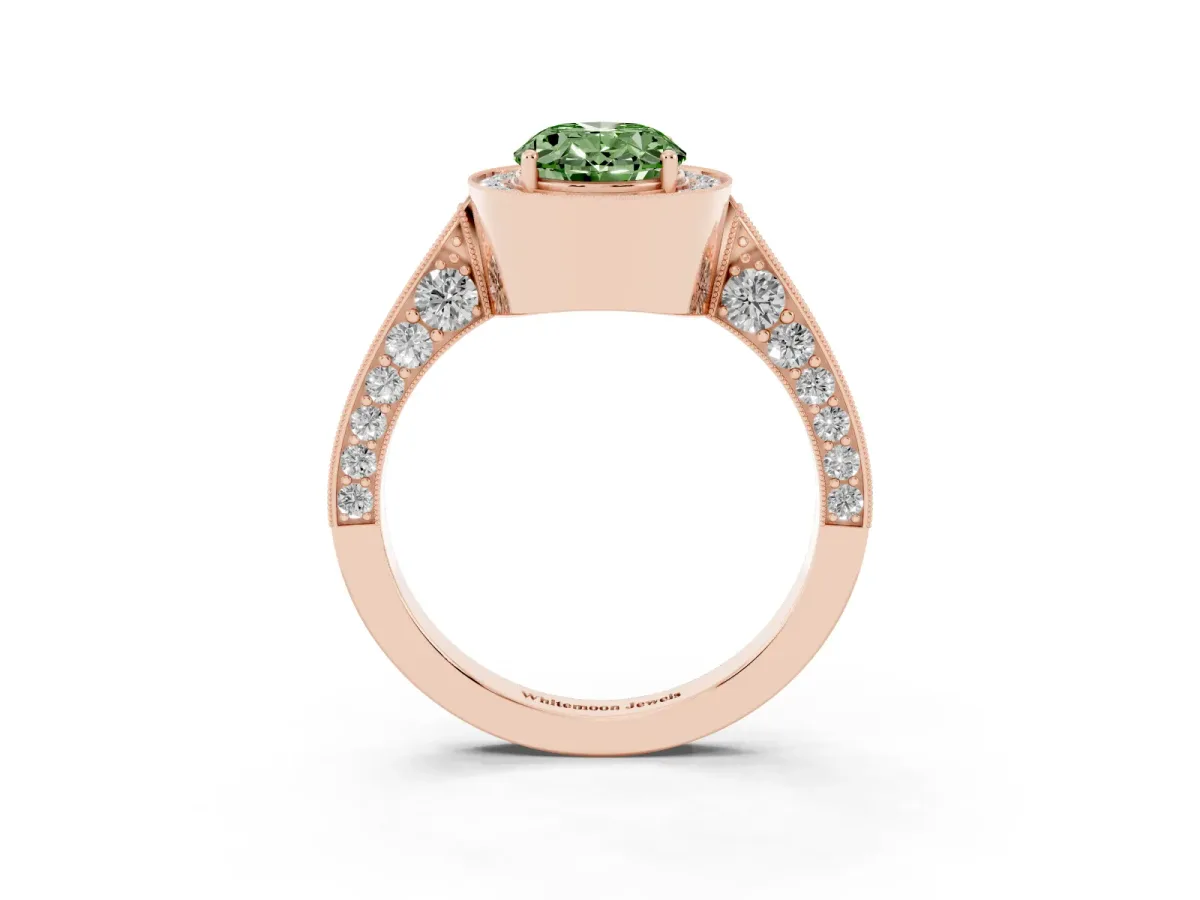 Fancy Green Oval Cut Halo Diamond Engagement Ring with Split Shank Band and Four-Prong Setting Rose gold