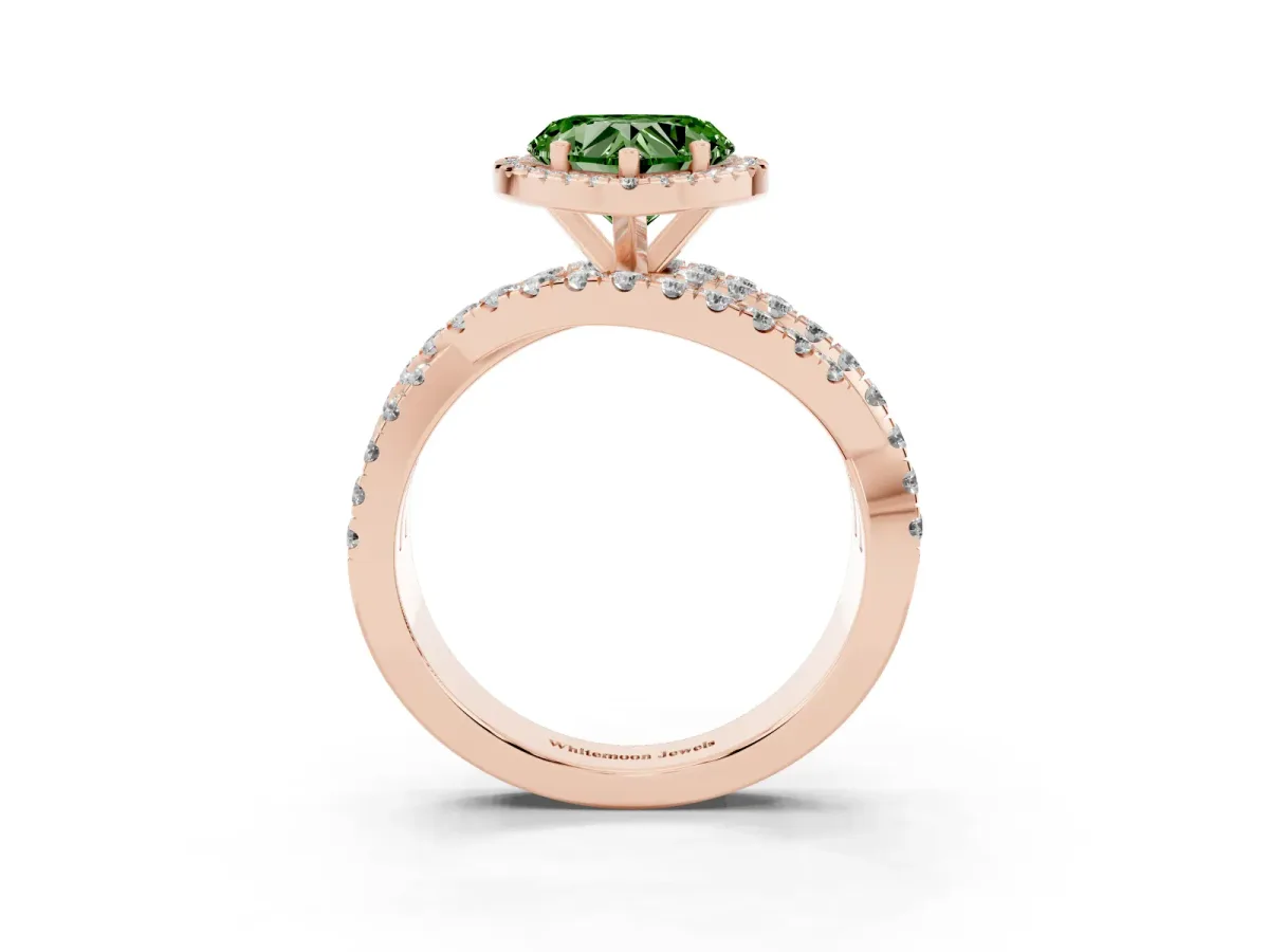 Fancy Green Heart Cut Diamond Halo Ring with Round Split Shank and Prong Setting Rose gold