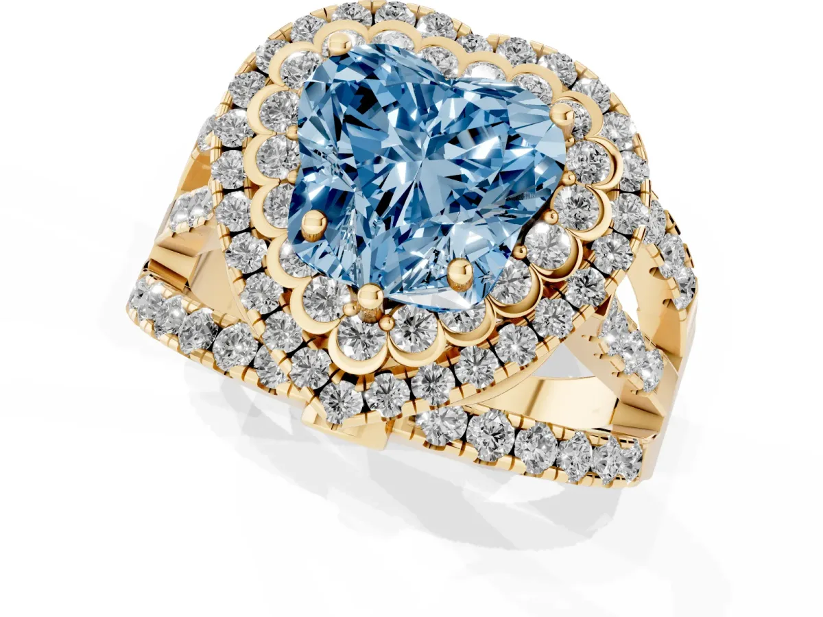 Fancy Blue Heart Cut Diamond Double Halo Ring with Round Pavé Split Shank and Prong Setting Yellow gold