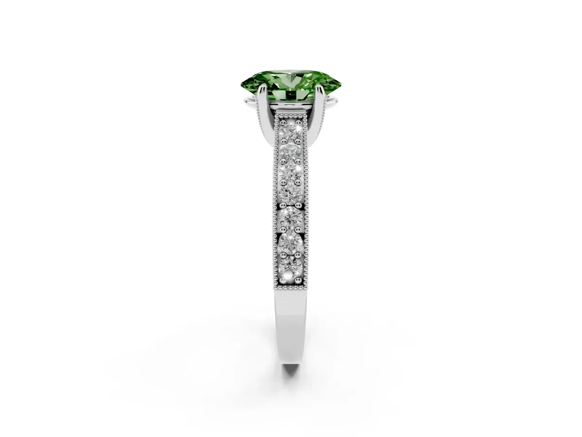 Fancy Green Oval Cut Cut Diamond Solitaire Ring with Milgrain Pave Band and Four Prong Setting Silver