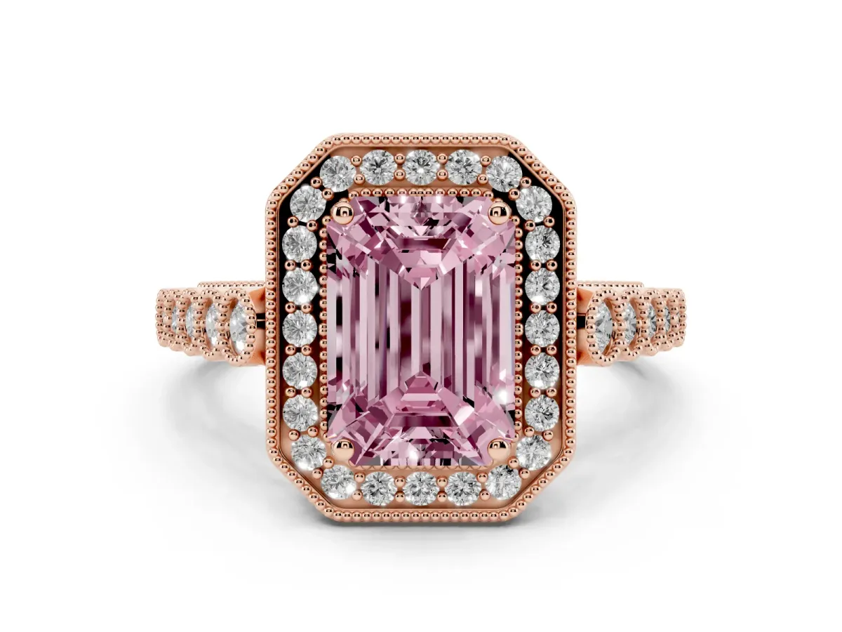 Fancy Pink Emerald Cut Halo Milgrain Solitaire with Bezel Set Side Stones and Pave Band Rose gold