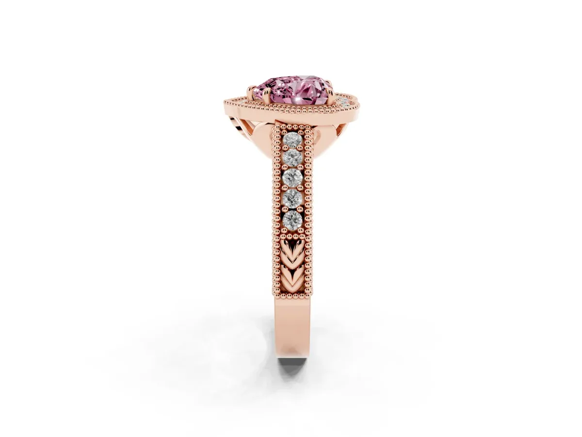 Fancy Pink Heart Cut Cut Halo Diamond Ring with Pavé Band and Four-Prong Setting Rose gold