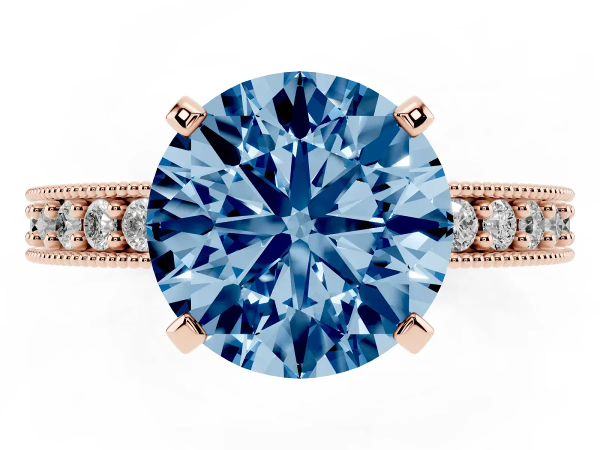 Fancy Blue Round Cut Diamond Milgrain Pavé Engagement Ring with Four-Prong Setting Rose gold