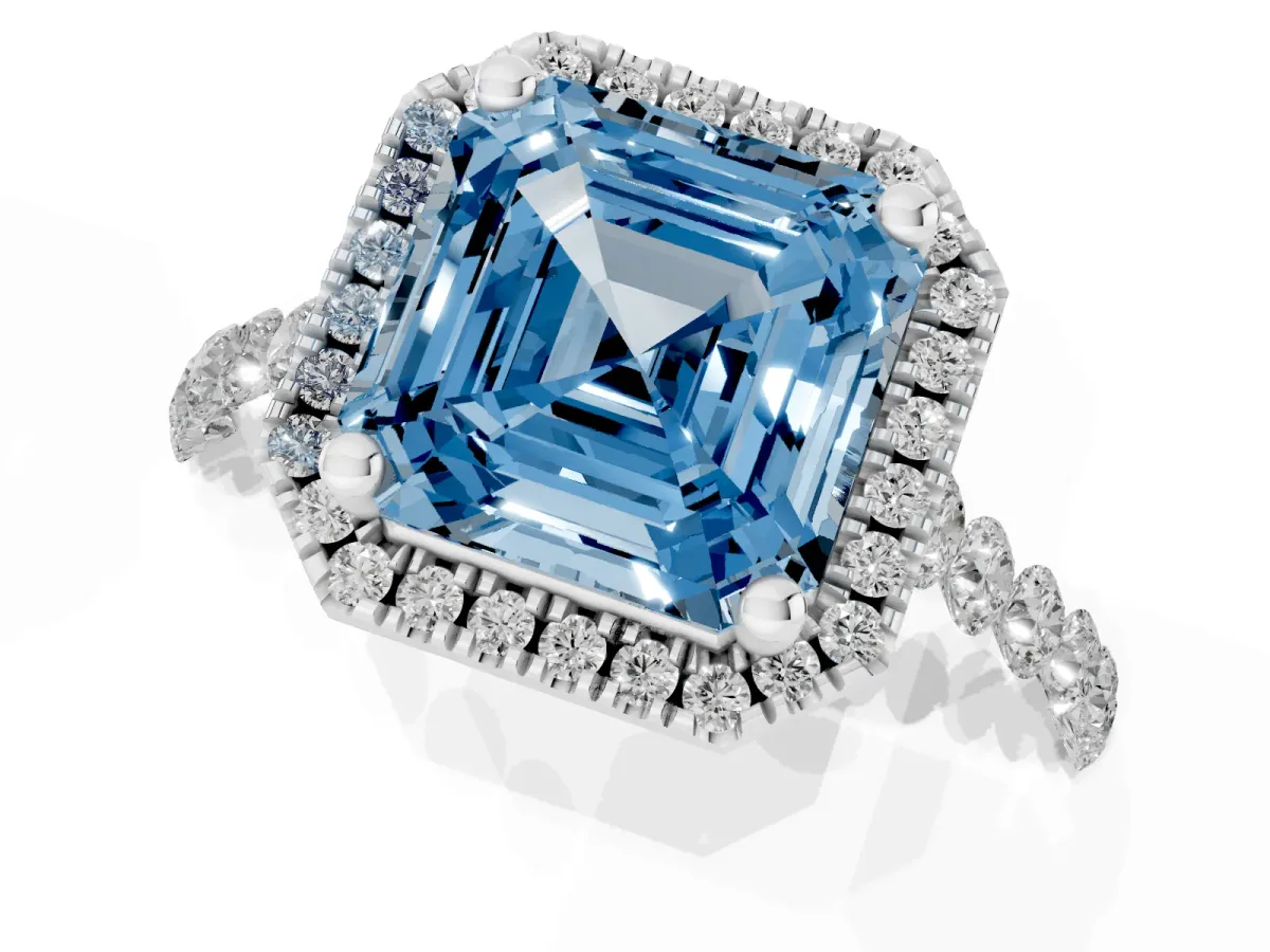 Fancy Blue Asscher Cut Halo Pavé Diamond Engagement Ring with Four-Prong Setting Silver
