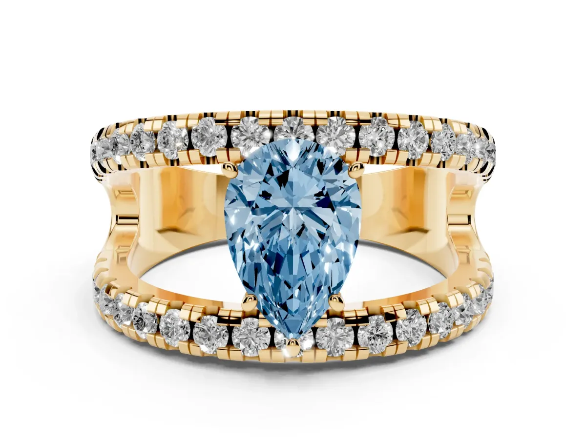 Fancy Blue Pear Cut Solitaire Split Shank Pave Diamond Ring Yellow gold