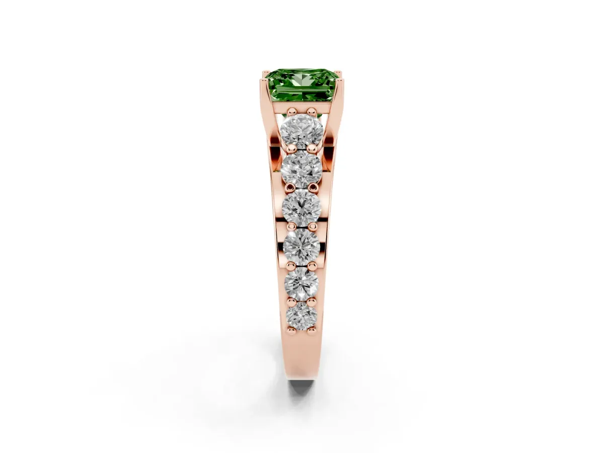 Fancy Green Princess Cut Diamond Engagement Ring with Pavé Band and Four-Prong Setting Rose gold