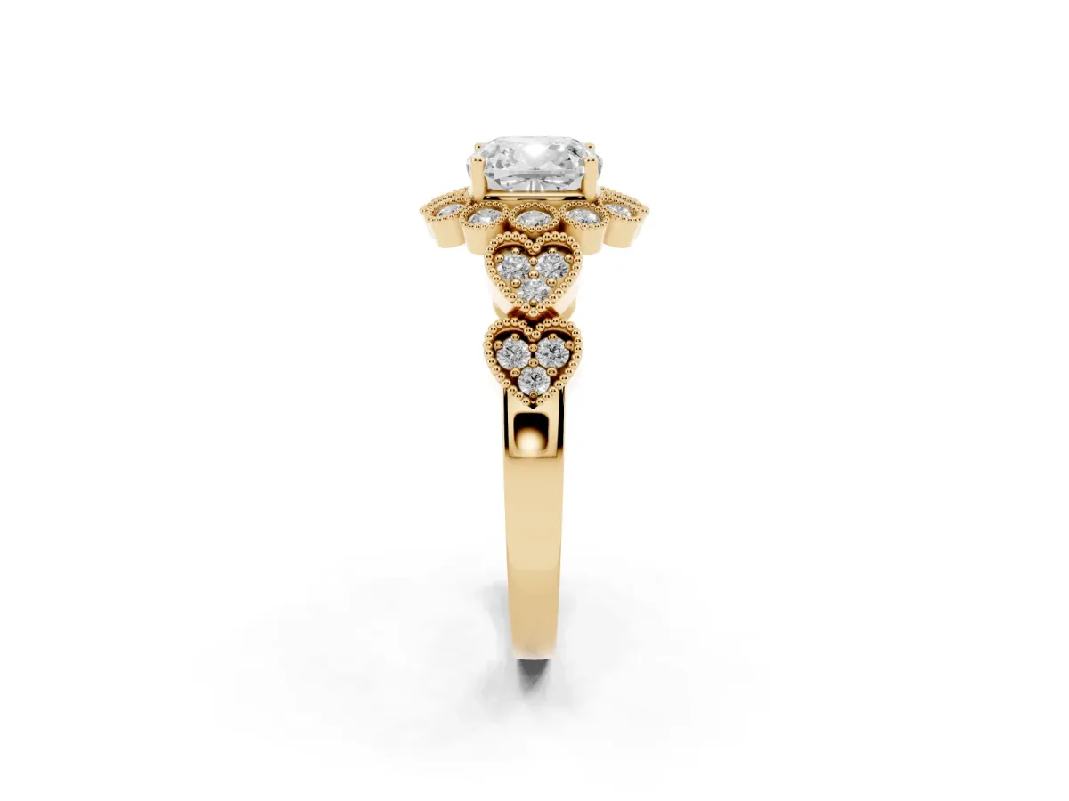 Cushion Cut Brilliant Milgrain Pave Heart Band Solitaire Ring Yellow gold