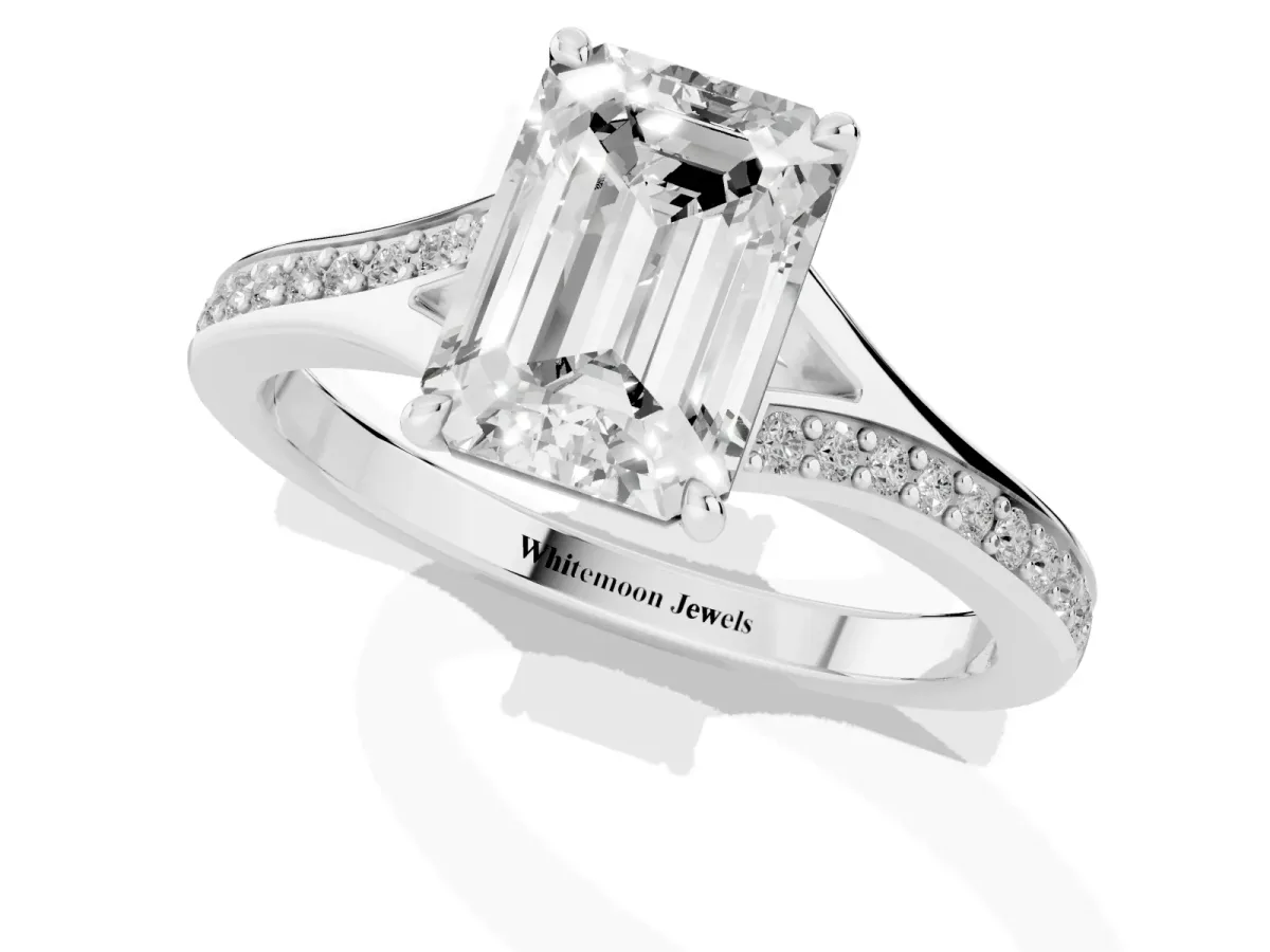 Emerald Cut Diamond Solitaire Ring with Pavé Band and Prong Setting Silver