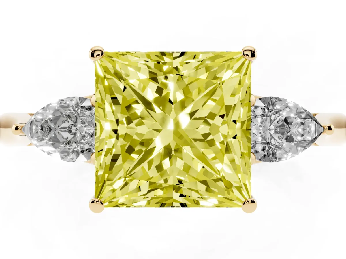 Fancy Yellow Three-Stone Princess Cut Brilliant Diamond Solitaire Ring with Tapered Band and Four-Prong Setting Yellow gold