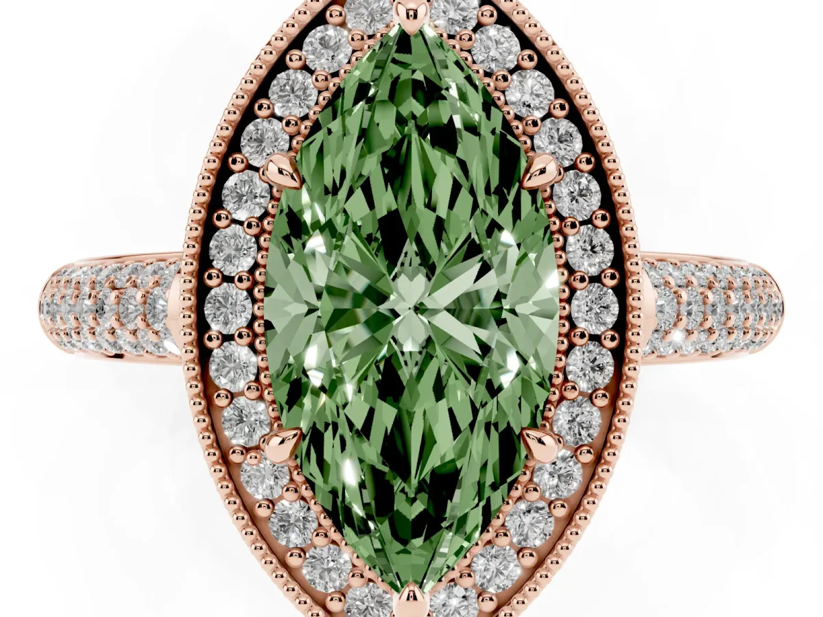 Fancy Green Marquise Cut Cut Halo Diamond Pave Band with Four-Prong Setting Rose gold