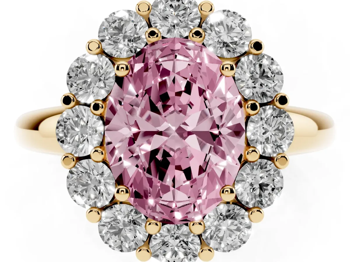 Fancy Pink Oval Cut Halo Cluster Diamond Engagement Ring with Prong Setting and Polished Band Yellow gold