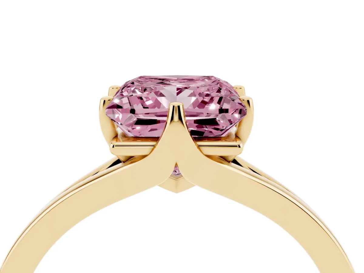 Fancy Pink Princess Cut Solitaire Diamond Ring with Six-Prong Setting and Tapered Band Yellow gold