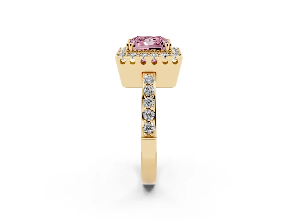 Fancy Pink Princess Cut Diamond Halo Ring with Pavé Band and Prong Setting Yellow gold