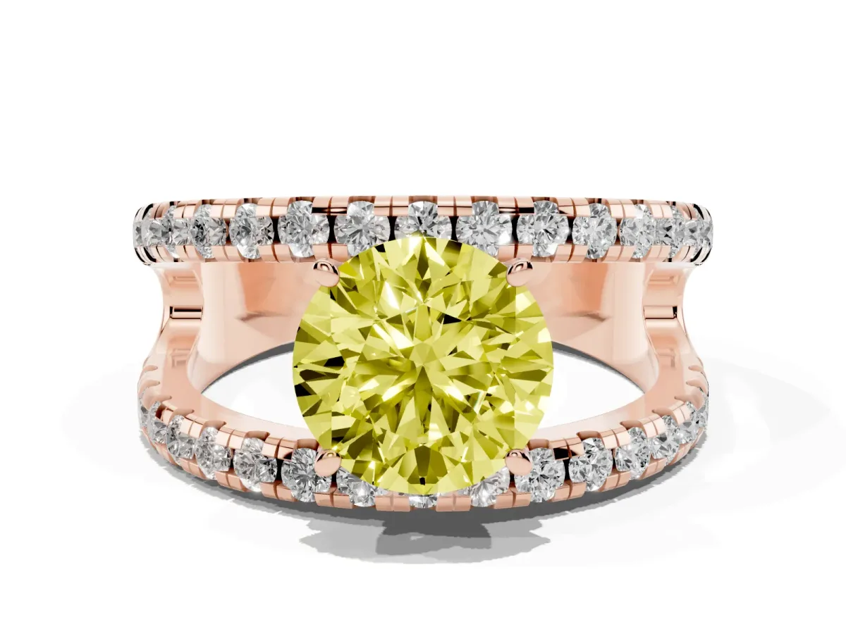 Fancy Yellow Round Cut Solitaire Split Shank Pave Diamond Ring Rose gold