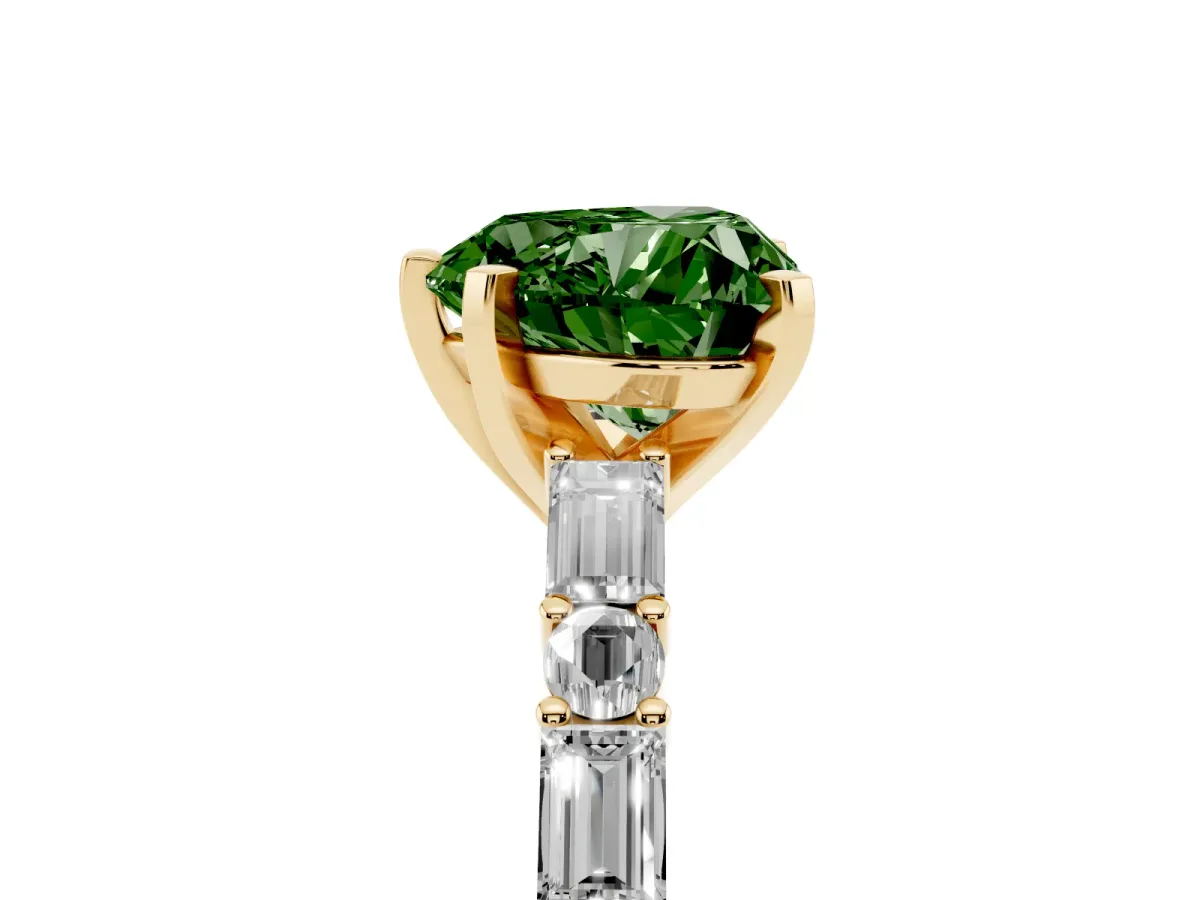 Fancy Green Heart Cut Diamond Solitaire with Side Baguettes and Channel Set Band Yellow gold