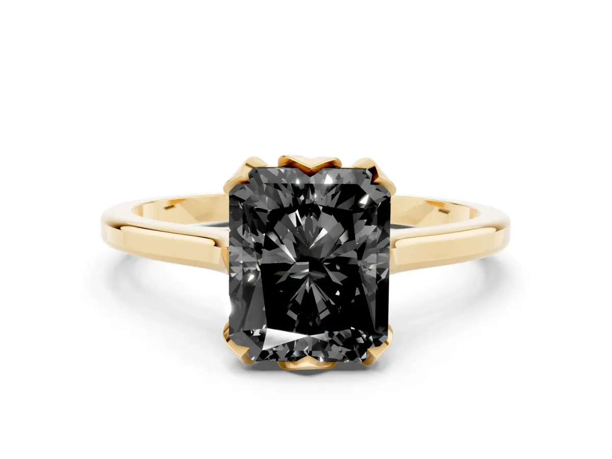 Fancy Black Radiant Cut Diamond Solitaire Ring with Flower Prong Setting and Classic Band Yellow gold