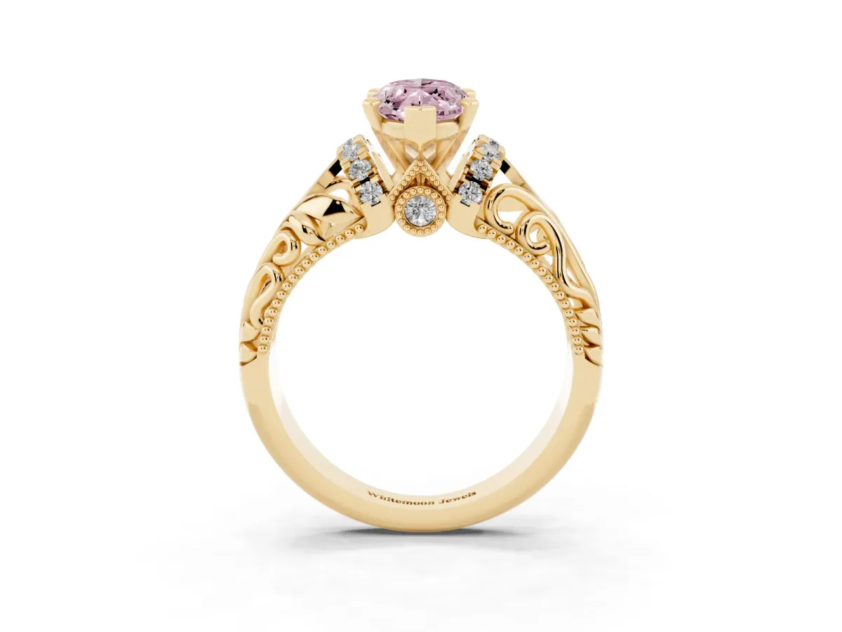 Fancy Pink Marquise Cut Solitaire Filigree Engagement Ring with Halo and Prong Setting Yellow gold