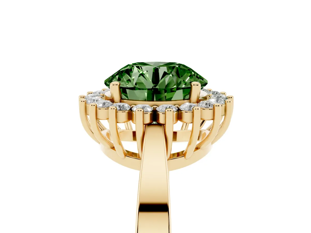 Fancy Green Round Cut Cut Diamond Halo Ring with Round Brilliant Halo and Solitaire Band Yellow gold