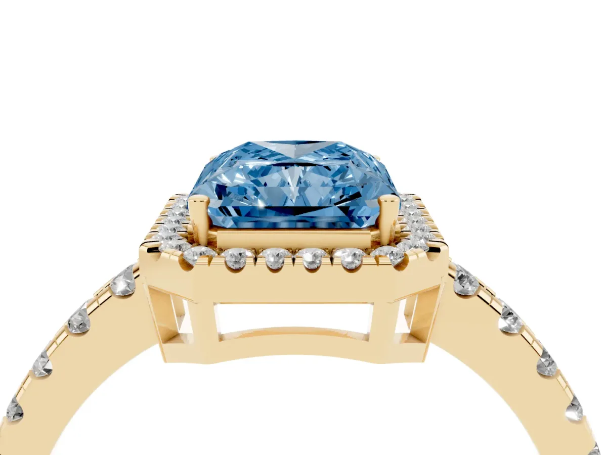 Fancy Blue Radiant Cut Diamond Halo Ring with Pavé Band and Four-Prong Setting Yellow gold