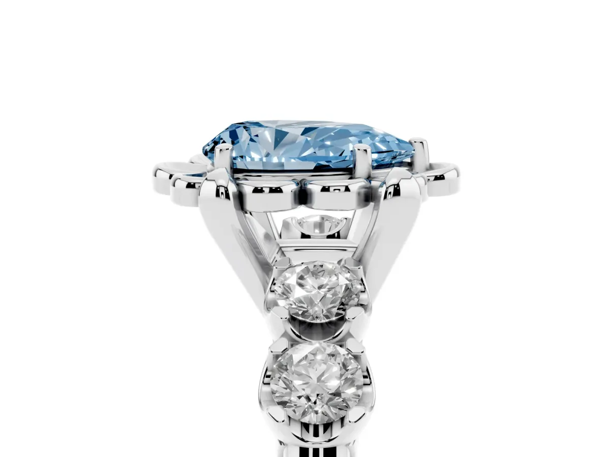 Fancy Blue Pear Cut Cut Diamond Floral Halo Engagement Ring with Shared Prong Setting Silver