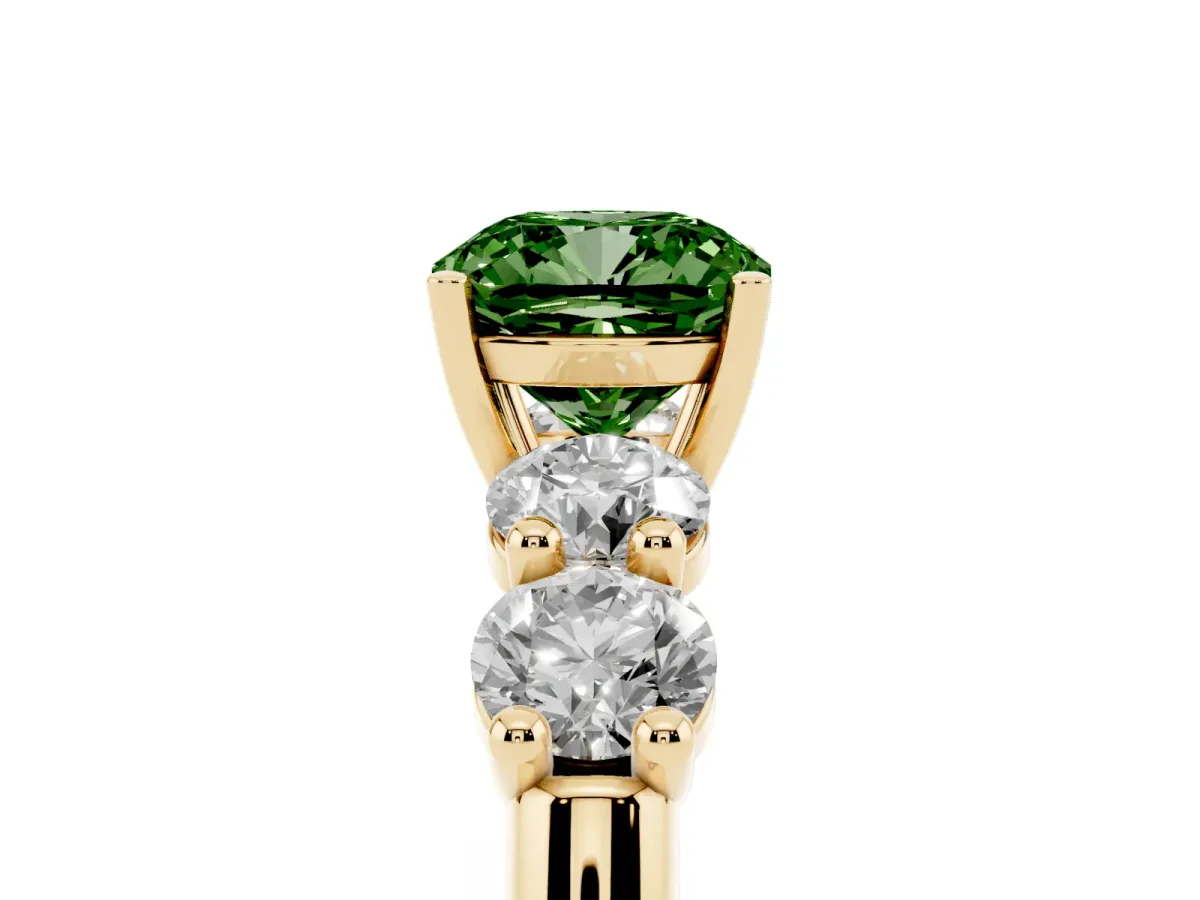 Fancy Green Cushion Cut Cut Five-Stone Prong Set Diamond Ring with Classic Band Yellow gold