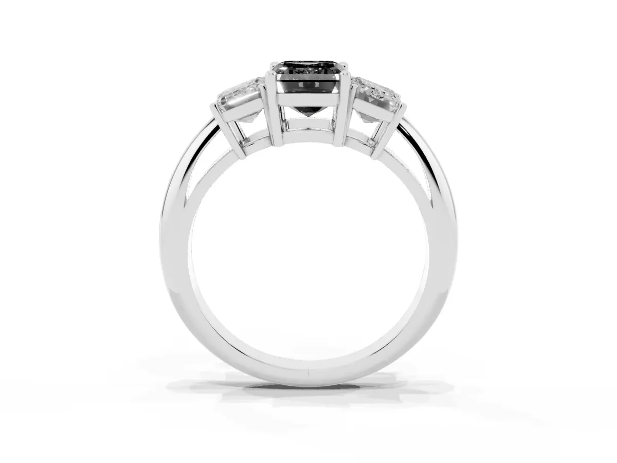 Fancy Black Three-Stone Emerald Cut Cut Diamond Engagement Ring with Prong Setting on a White Gold Band White gold