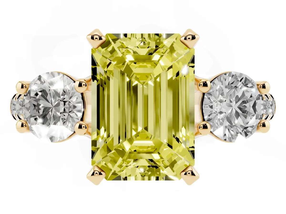 Fancy Yellow Three-Stone Emerald Cut Diamond Pavé Band with Four-Prong Setting Yellow gold