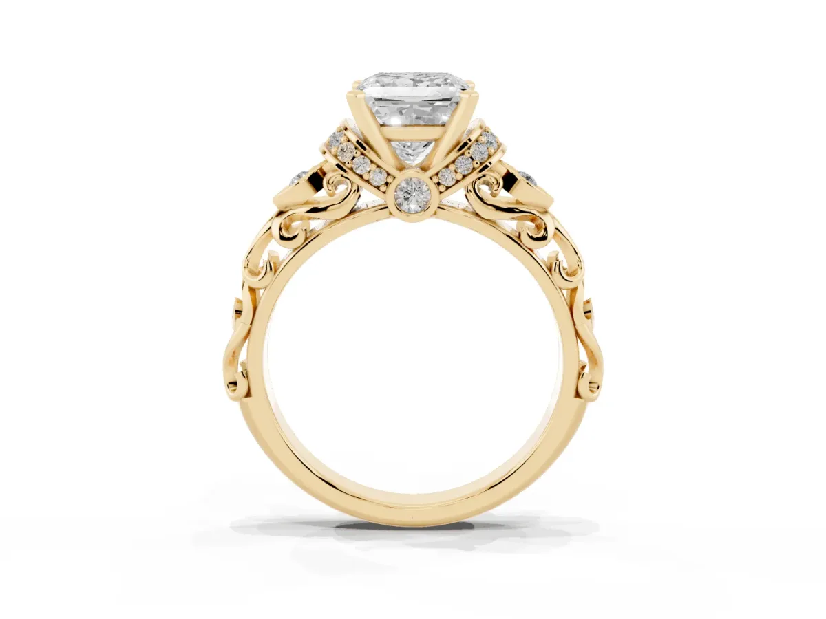 Princess Cut Diamond Solitaire Ring with Filigree Band and Four-Prong Setting Yellow gold