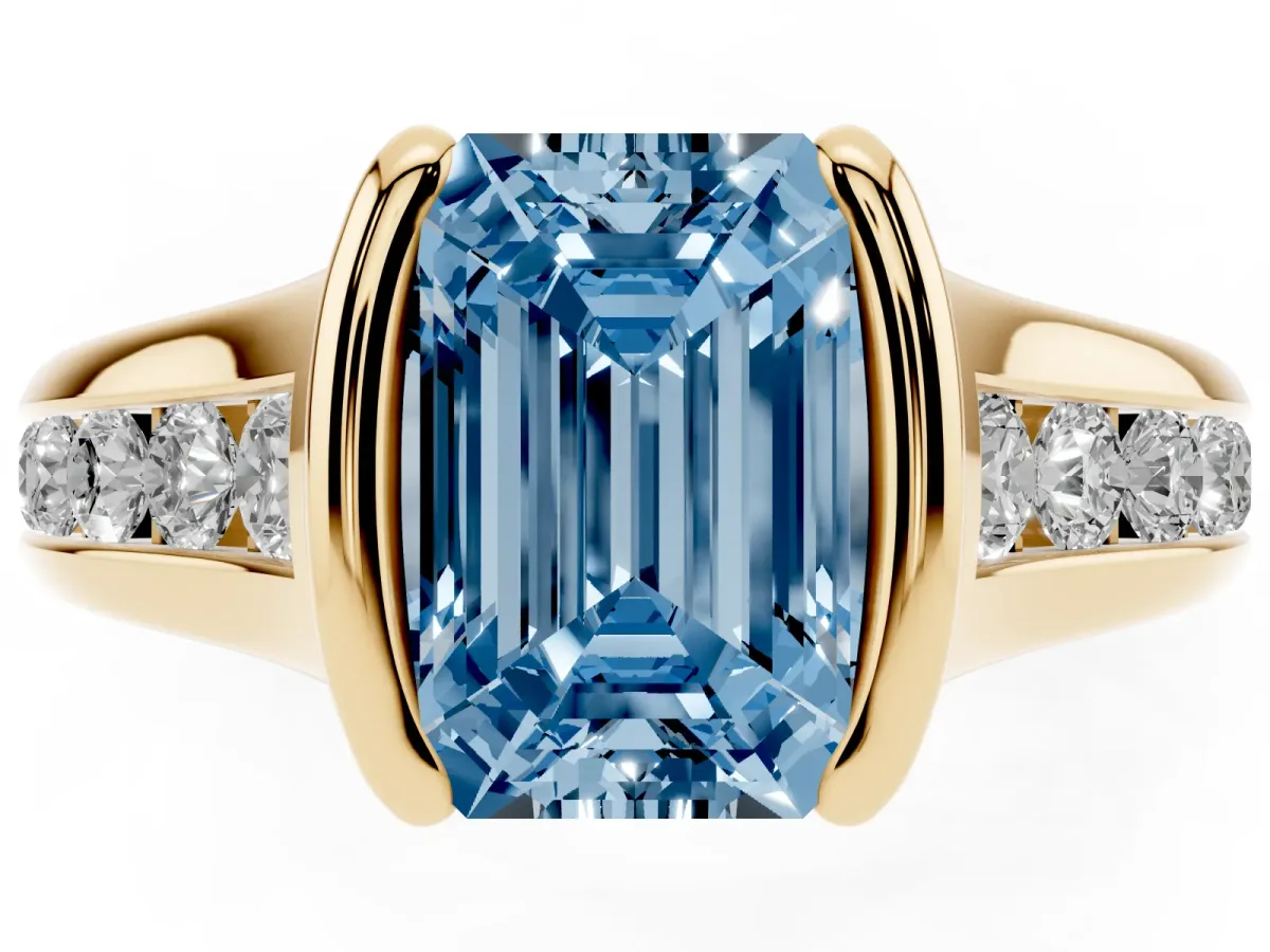 Fancy Blue Emerald Cut Solitaire Bezel-Set Diamond Ring with Channel-Set Band Yellow gold
