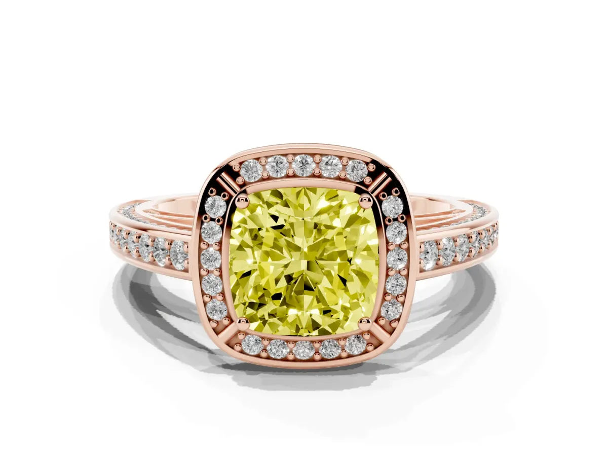 Fancy Yellow Cushion Cut Cut Halo Pave Split Shank Prong Setting Ring Rose gold
