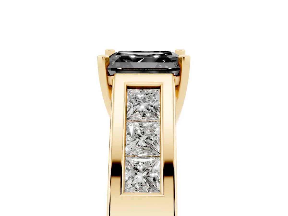 Fancy Black Asscher Cut Cut Channel Set Solitaire Ring with Four-Prong Setting Yellow gold