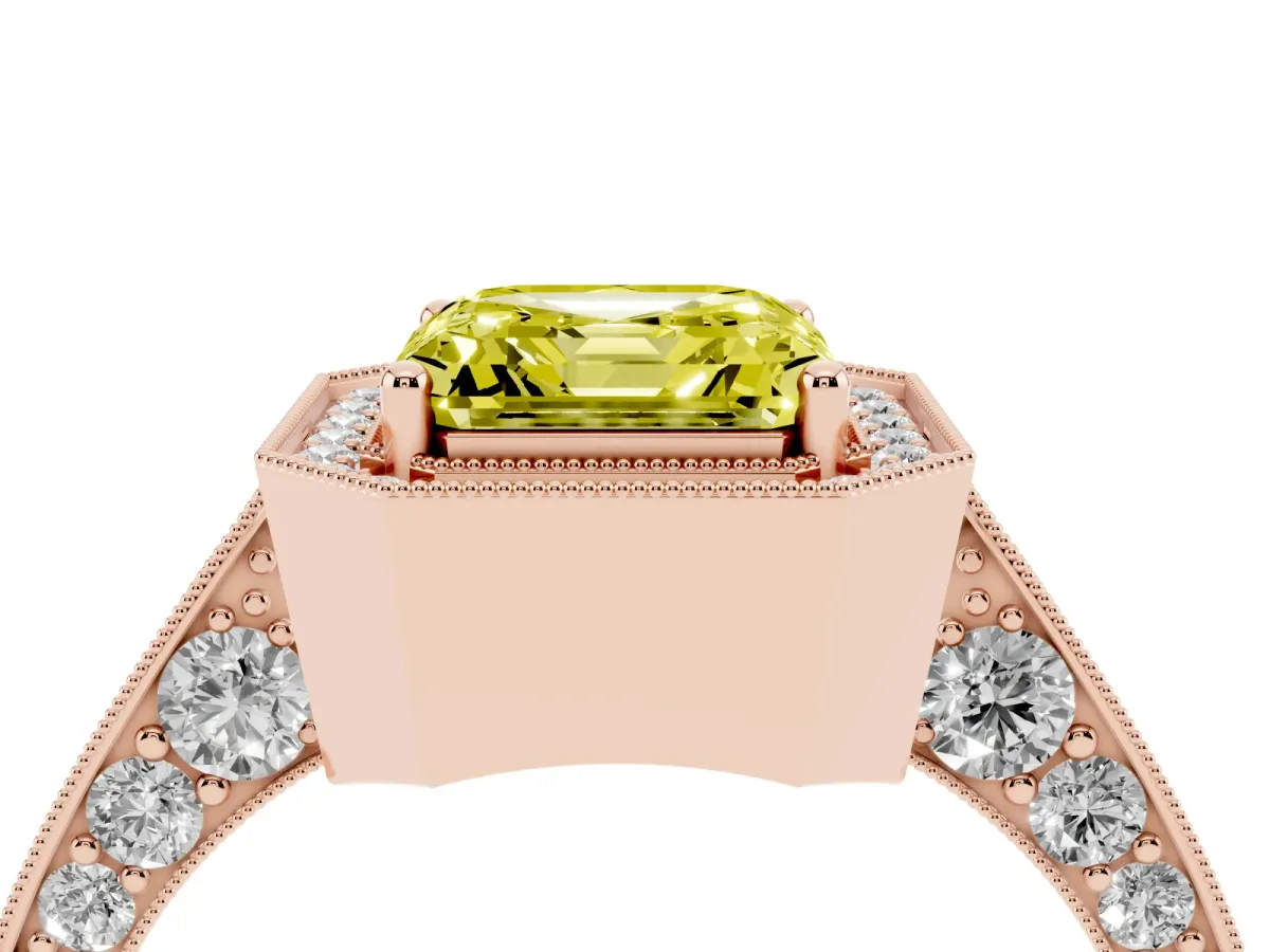 Fancy Yellow Asscher Cut Halo Diamond Engagement Ring with Split Shank Band and Four-Prong Setting Rose gold
