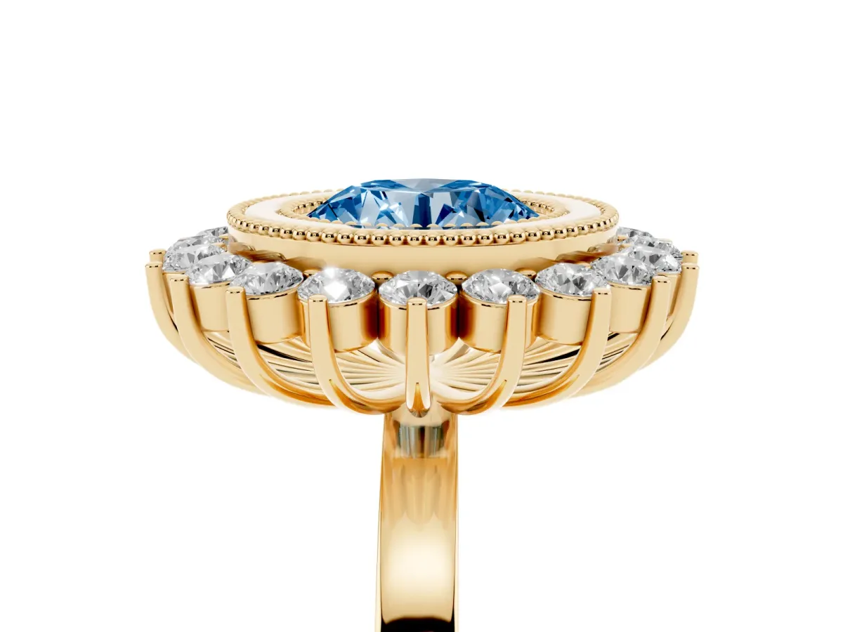 Fancy Blue Round Cut Halo Diamond Ring with Milgrain Edge and Round Prong Setting Yellow gold