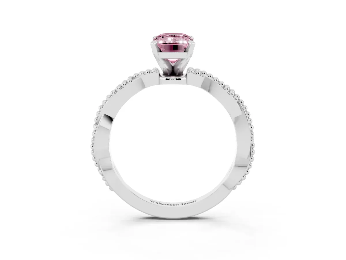 Fancy Pink Emerald Cut Solitaire Twisted Band with Bead Prong Setting Platinum