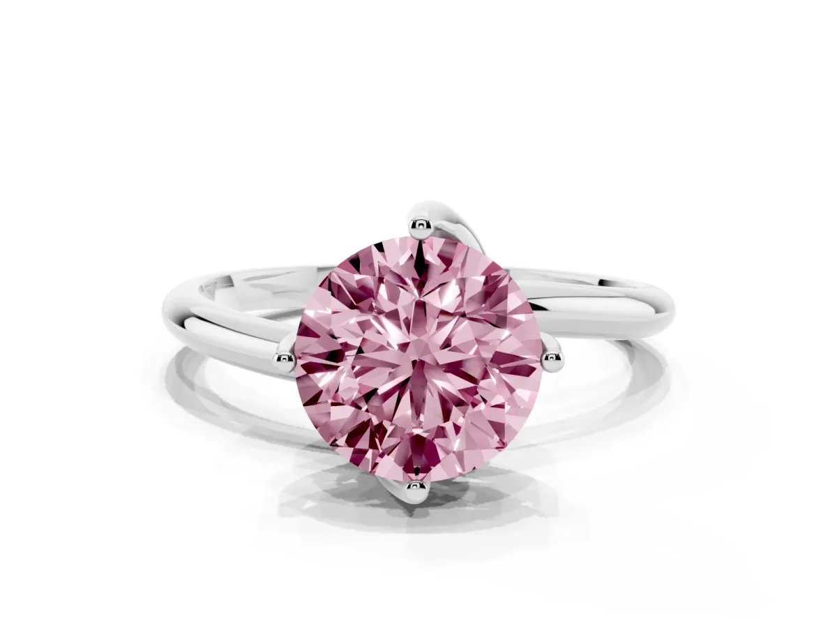Fancy Pink Round Cut Diamond Solitaire Engagement Ring with Four-Prong Setting and Classic Band Silver