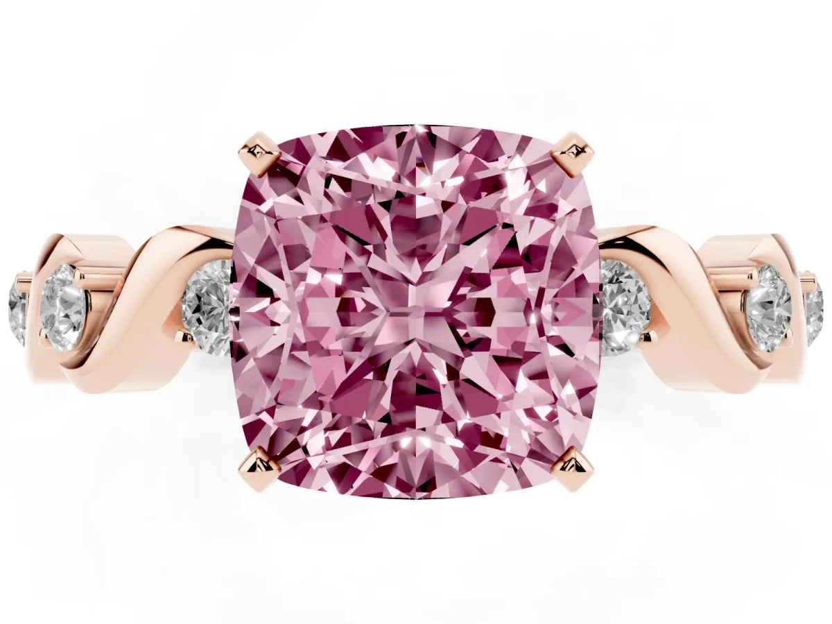 Fancy Pink Cushion Cut Diamond Solitaire Twisted Band with Round Accents and Prong Setting Rose gold