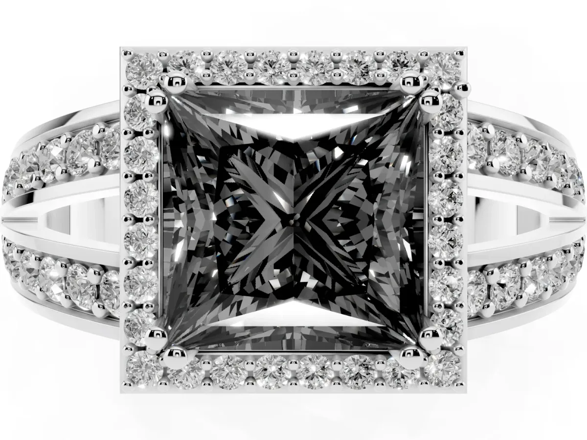 Fancy Black Princess Cut Diamond Halo Ring with Split Shank Pavé Band and Four-Prong Setting Platinum