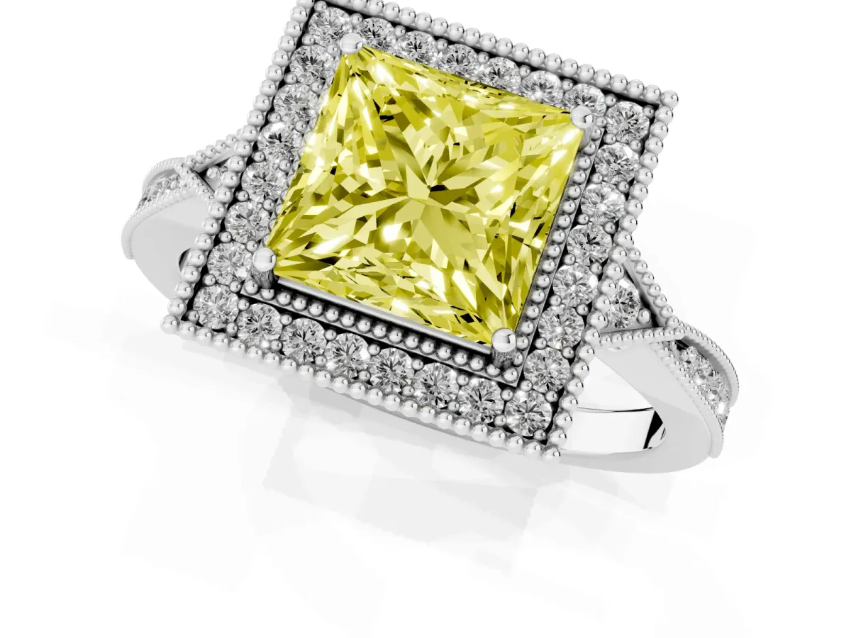 Fancy Yellow Princess Cut Halo Round Diamond Milgrain Pave Engagement Ring Platinum