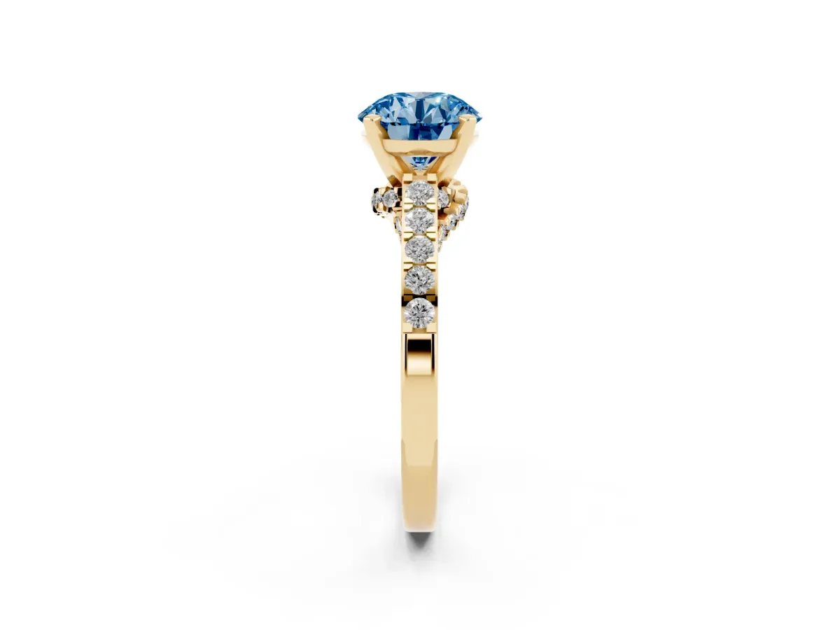 Fancy Blue Round Cut Diamond Solitaire Ring with Crossover Gallery and Round Pavé Band Yellow gold
