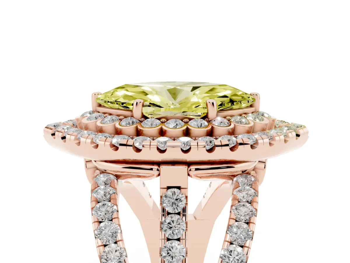 Fancy Yellow Marquise Cut Diamond Double Halo Ring with Round Pavé Split Shank and Prong Setting Rose gold