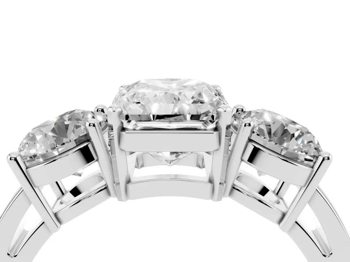 Three-Stone Radiant Cut Diamond Ring with Round Side Stones, Classic Band, and Four-Prong Setting White gold