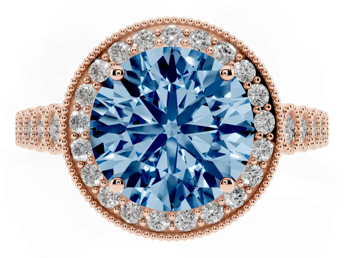 Fancy Blue Round Cut Halo Milgrain Solitaire with Bezel Set Side Stones and Pave Band Rose gold