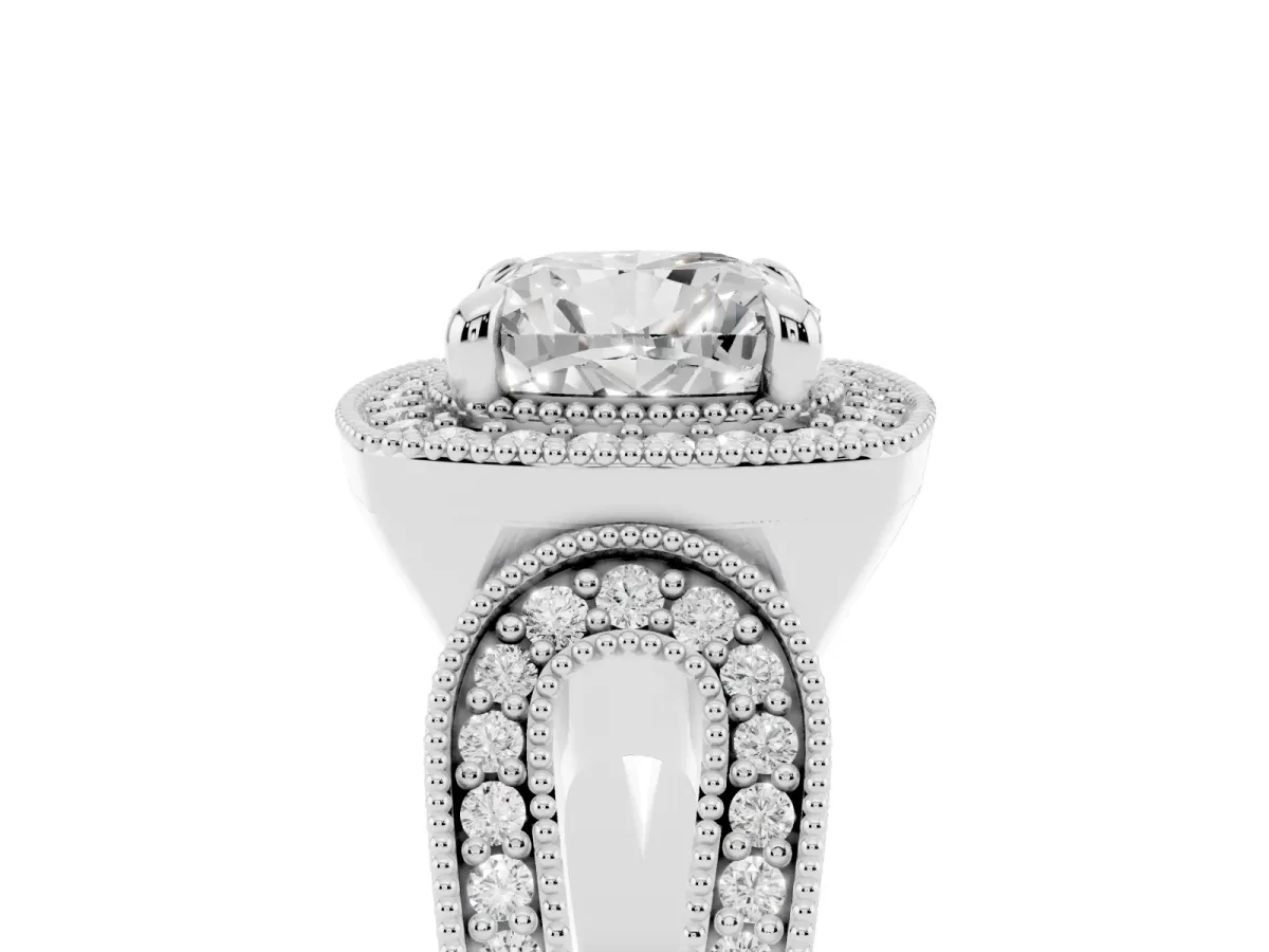 Cushion Cut Halo Split Shank Milgrain Diamond Ring Platinum