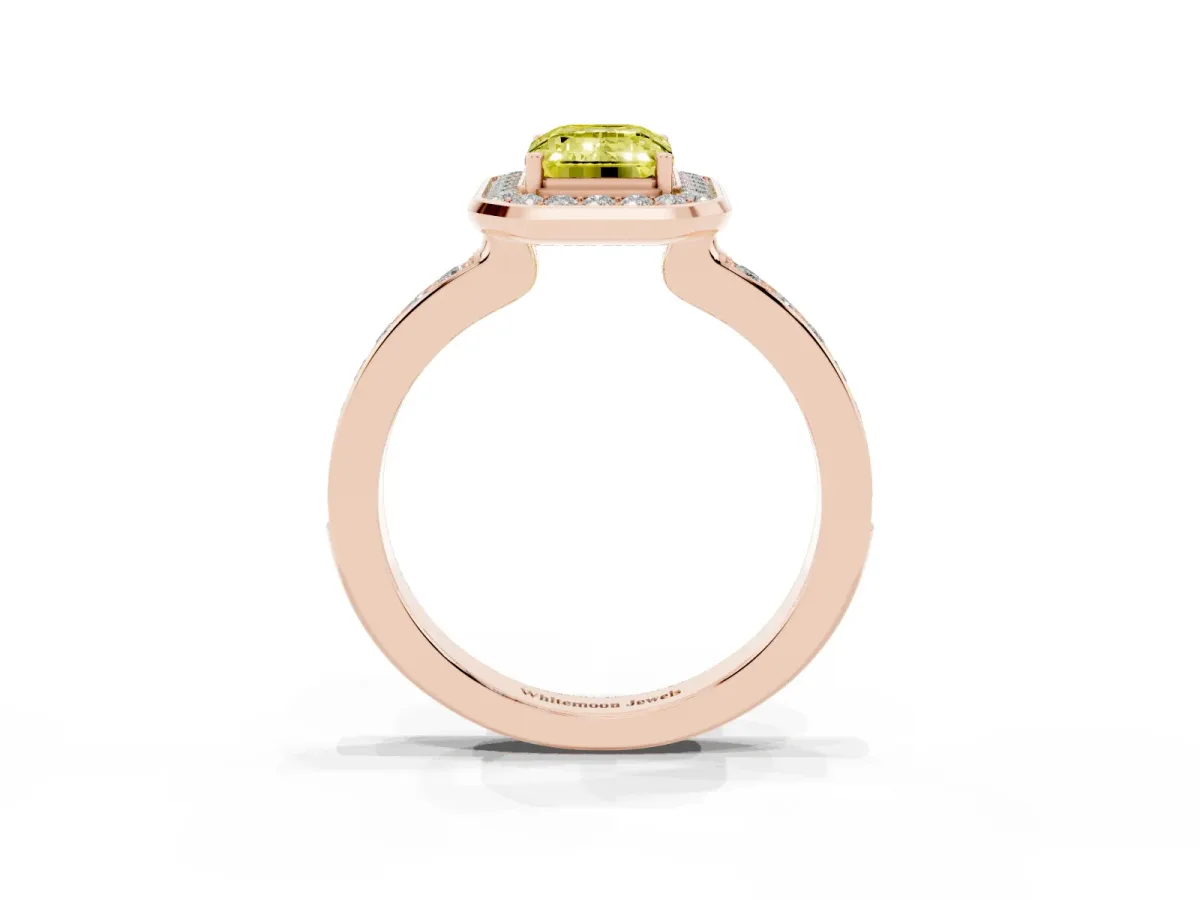 Fancy Yellow Emerald Cut Diamond Halo Ring with Bezel Frame and Pavé Band Rose gold