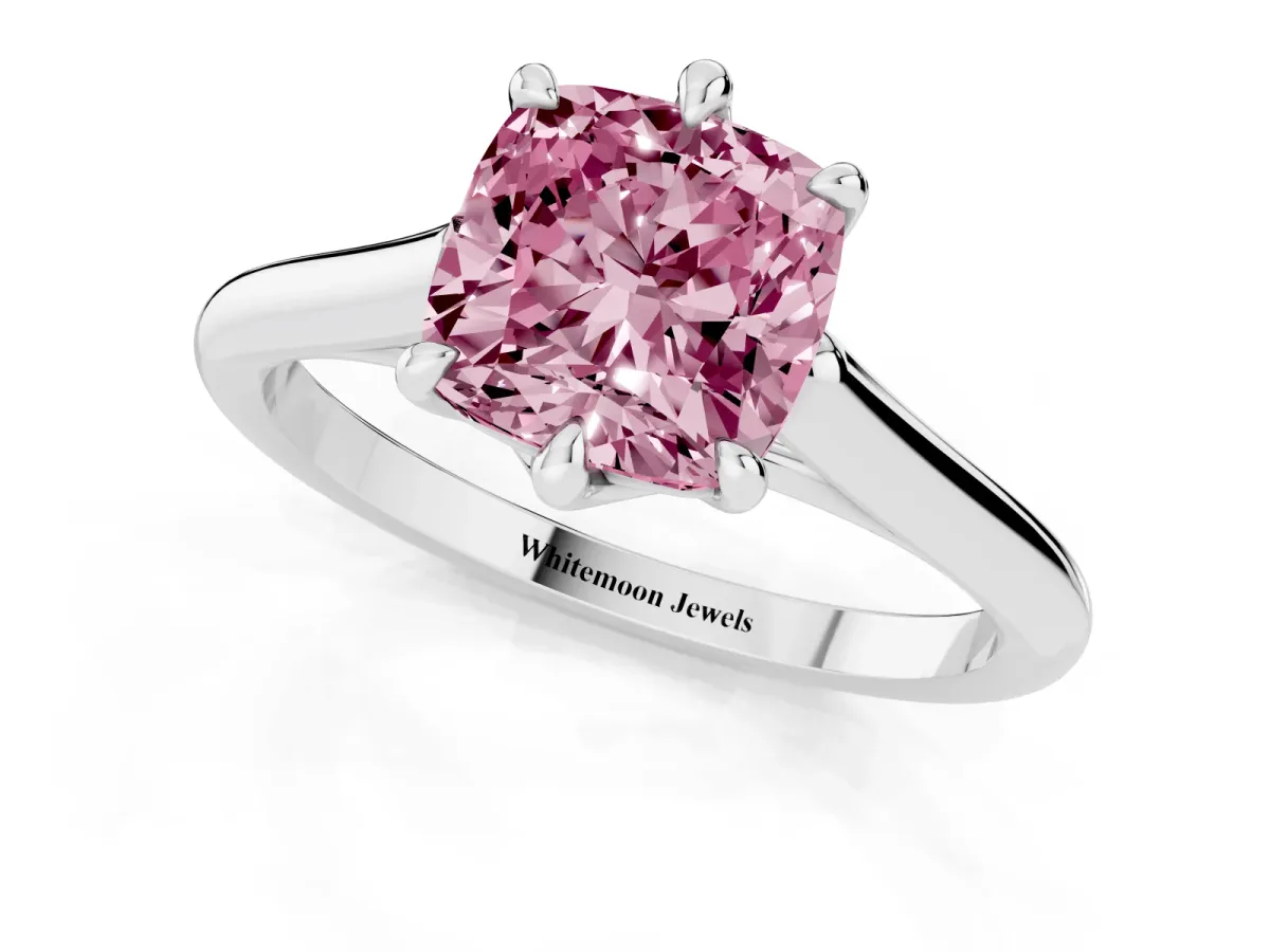 Fancy Pink Cushion Cut Solitaire Engagement Ring with Six-Prong Setting and Classic Band Platinum
